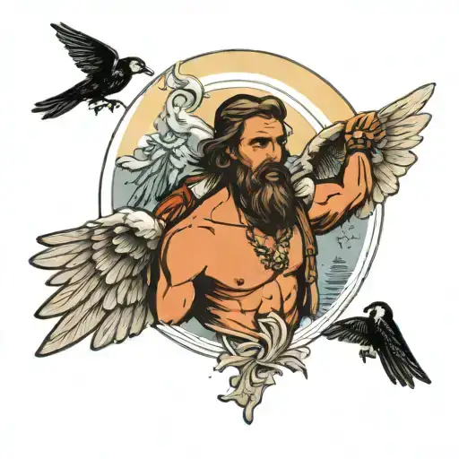 An outdoorsman surrounded by heavenly angels in a traditional style tattoo design idea