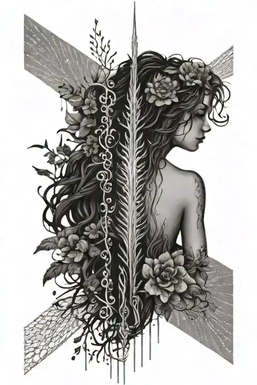 Full spine vertical line tattoo for female, delicate fine line and dot work, sun = energy tattoo design idea