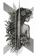 Full spine vertical line tattoo for female, delicate fine line and dot work, sun = energy tattoo design idea