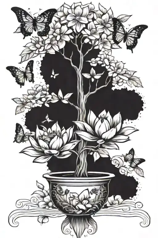 money tree with butterflies and lotus flowers blooming on its branches tattoo design idea