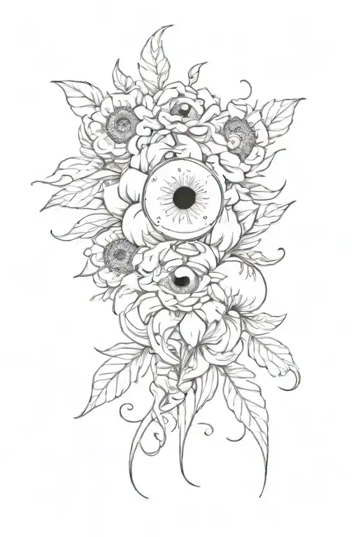 a flower with three eyes growing out of a heart  tattoo design idea