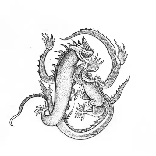 a water dragon cuddling a fire monkey tattoo design idea