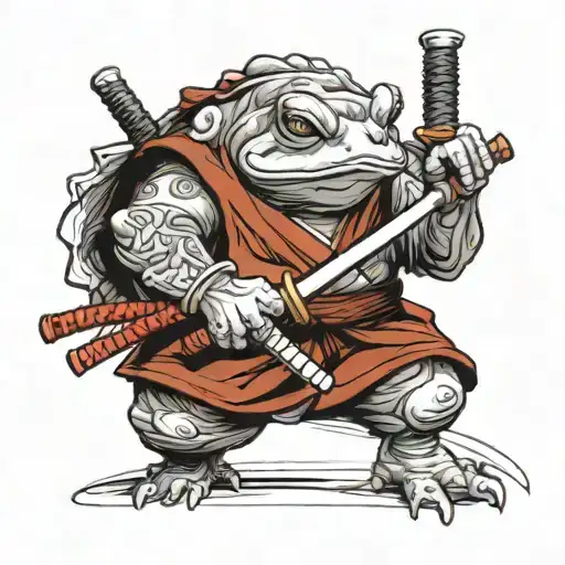 Sketch of a samurai toad tattoo on a hand with a katana and wakizashi, in a fighting stance, in a kimono and not fat tattoo design idea