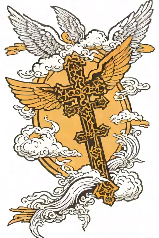 cross with wings and cloud background tattoo design idea