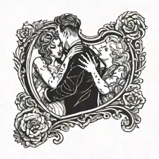 a couple hugging in front of a mirror tattoo design idea