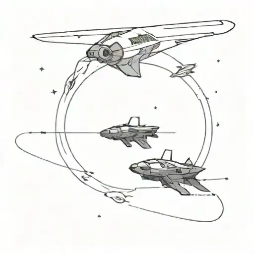 A Mass Effect inspired spaceship flying over a battlefield of skulls  tattoo design idea