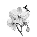 orchid with 2 birds sitting on branch and 3rd bird flying away  tattoo design idea