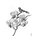 orchid with 2 birds sitting on branch and 3rd bird flying away  tattoo design idea