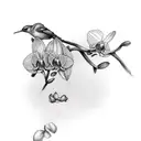 orchid with 2 birds sitting on branch and 3rd bird flying away  tattoo design idea