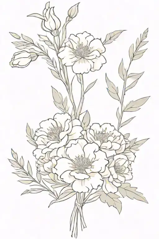 bouquet tied together with ribbon with carnations, larkspur, and marigolds tattoo design idea