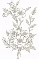 bouquet tied together with ribbon with carnations, larkspur, and marigolds tattoo design idea