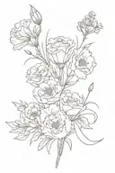 bouquet tied together with ribbon with carnations, larkspur, and marigolds tattoo design idea