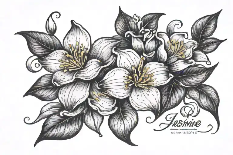jasmine flower and name tattoo design incorporating symbols  tattoo design idea