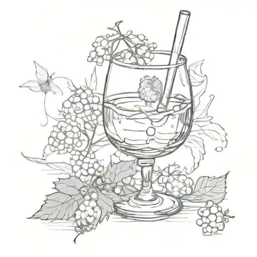 a half-full glass of wine surrounded by dandelions, cherries, and strawberries tattoo design idea