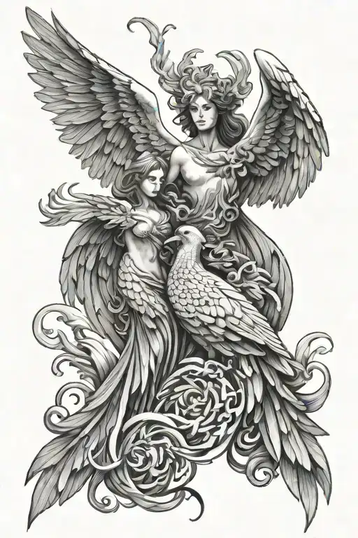 angel and phoenix rising from ashes tattoo design idea