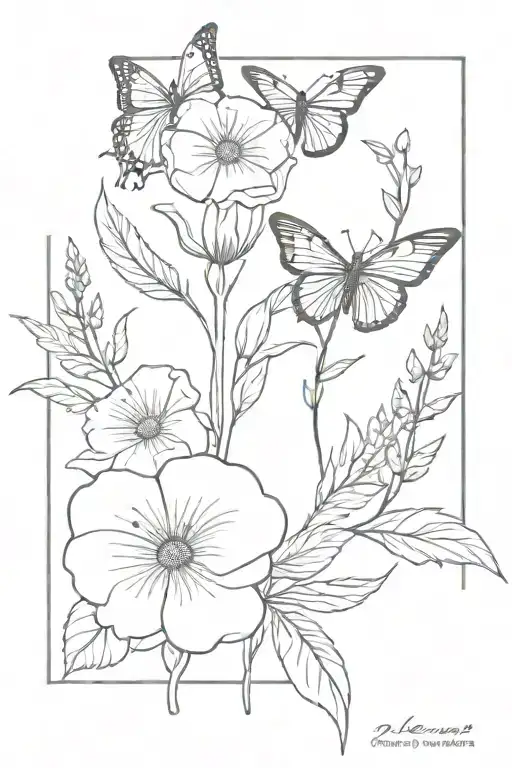 bouquet of flowers with February, April, July, and September birth flowers in it with a butterfly flying over top  tattoo design idea