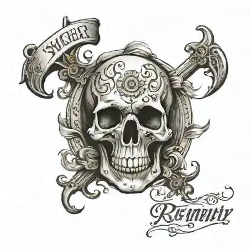 skull with the inscription *those of you who remain alive will envy the dead* torso, pirate treasure tattoo design idea