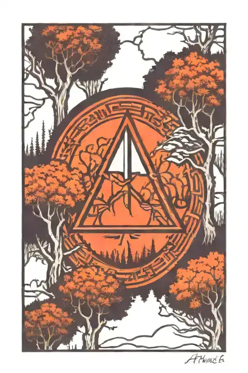 Atheist symbol including writing  in a forest landscape tattoo design idea