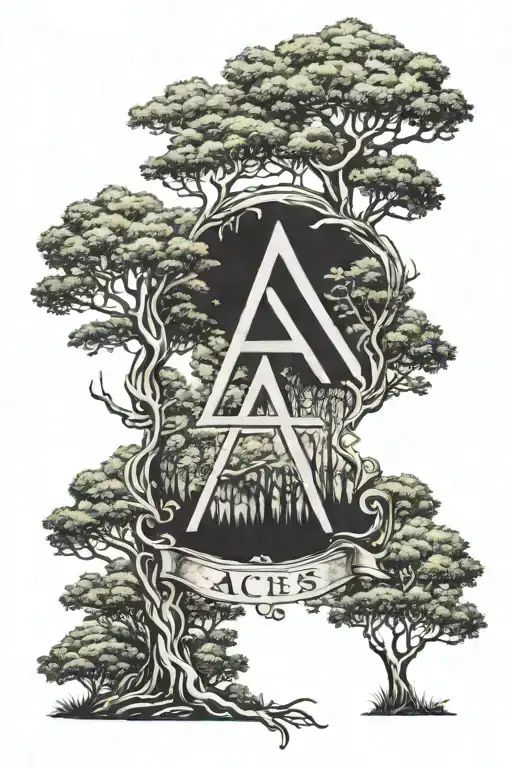 Atheist symbol spelling out aces in a forest landscape tattoo design idea
