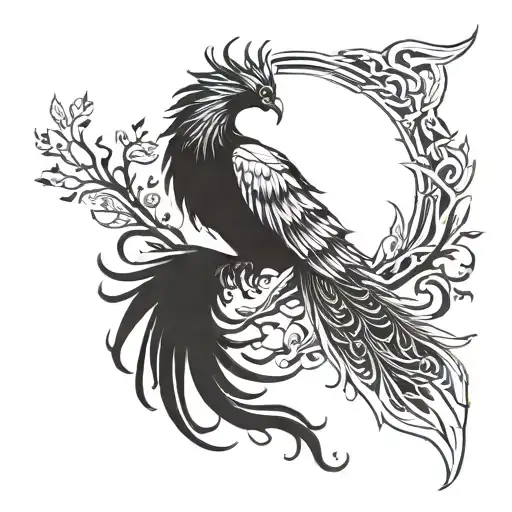 Phoenix with a tail root tree open wings tattoo design idea