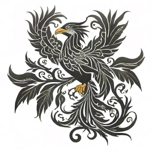 Phoenix with a tail root tree open wings tribal style tattoo design idea