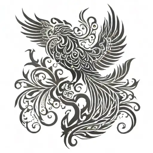 Phoenix with a tail root tree open wings  tattoo design idea