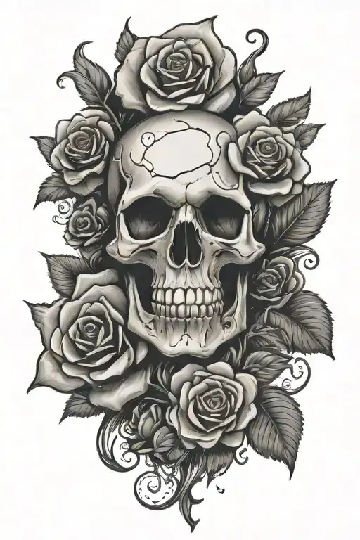 Skull with rose family text tattoo design idea