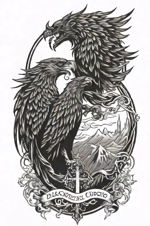 pheonix and wolf howling with background, and a cross and words tattoo design idea
