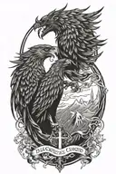 pheonix and wolf howling with background, and a cross and words tattoo design idea