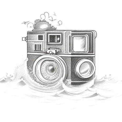 A vintage film camera surrounded by waves and seagulls tattoo design idea