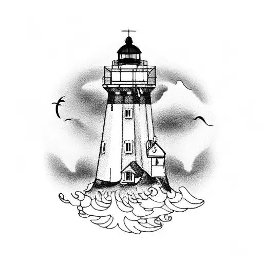 A mesmerizing blackwork tattoo of a lighthouse guiding a ship in stormy seas tattoo design idea