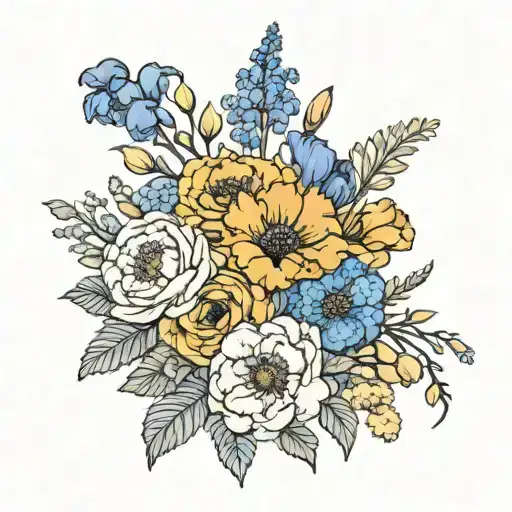 bouquet of marigolds, poppy's, Delphinium, and carnations  tattoo design idea