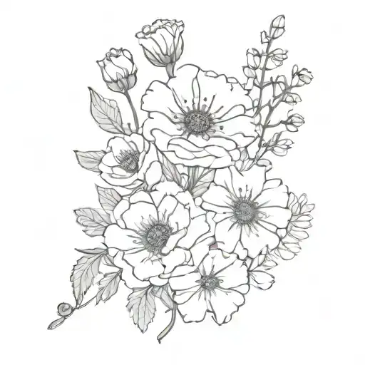 bouquet of marigolds, poppy's, Delphinium, and carnations tattoo design idea