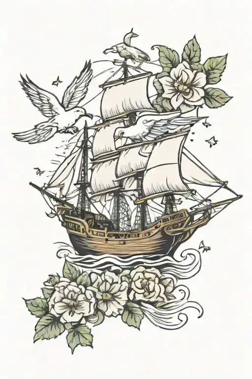 ship with flowers and doves flying tattoo design idea