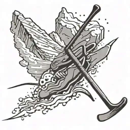 An avalanche crashing down a mountain with hockey sticks and pucks scattered in the snow tattoo design idea