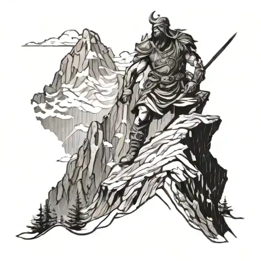 A warrior ascending a mountain, symbolizing self-realization and personal growth tattoo design idea