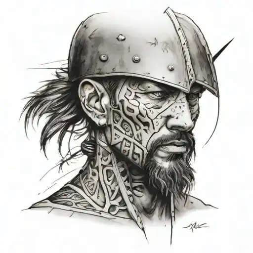 A portrait of a warrior with scars and battle wounds, showcasing the journey of self-discovery and growth tattoo design idea