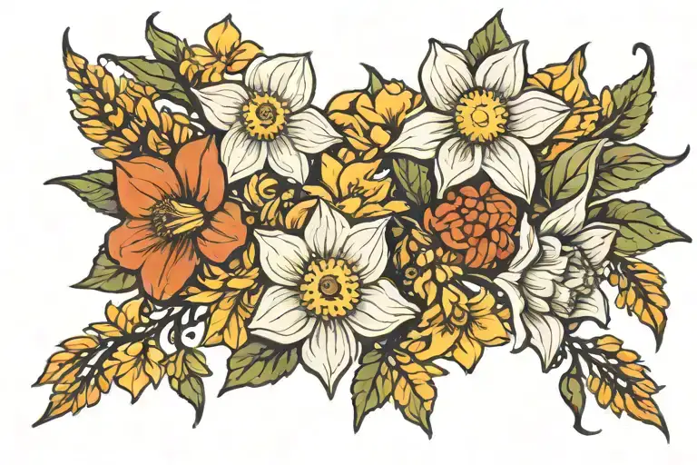 daffodil, narcissus, chrysanthemum bouquet tattoo design idea