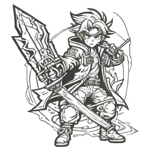 A modern interpretation of Gutts wielding his iconic sword, reimagined in a futuristic anime style tattoo design idea