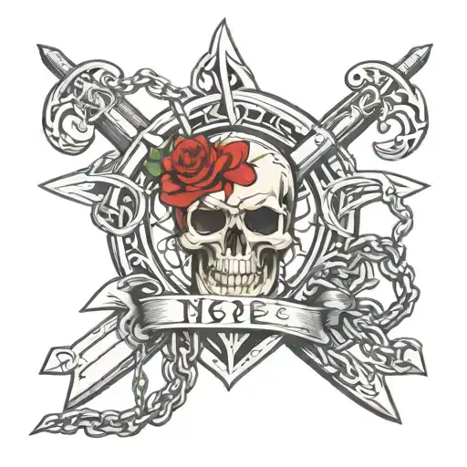 crossed swords connected by chains wrapped by the Snee family crest tattoo design idea