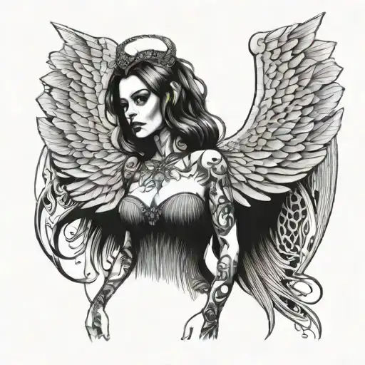 Female gothic lady with massive wings and corpses around her  tattoo design idea