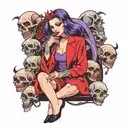 Female gothic vampire surrounded by corpses in bright colors (purple, red, blue) tattoo design idea