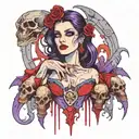 Female gothic vampire surrounded by corpses in bright colors (purple, red, blue) tattoo design idea