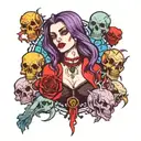 Female gothic vampire surrounded by corpses in bright colors (purple, red, blue) tattoo design idea