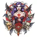 Female gothic vampire surrounded by corpses in bright colors (purple, red, blue) tattoo design idea
