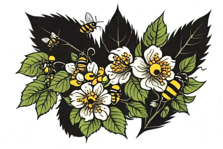 berries with leaves and flowers and small bees tattoo design idea