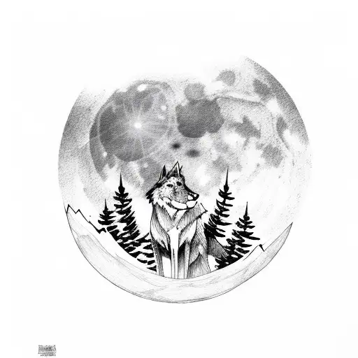 lone wolf with a full moon a forest and mountains  tattoo design idea