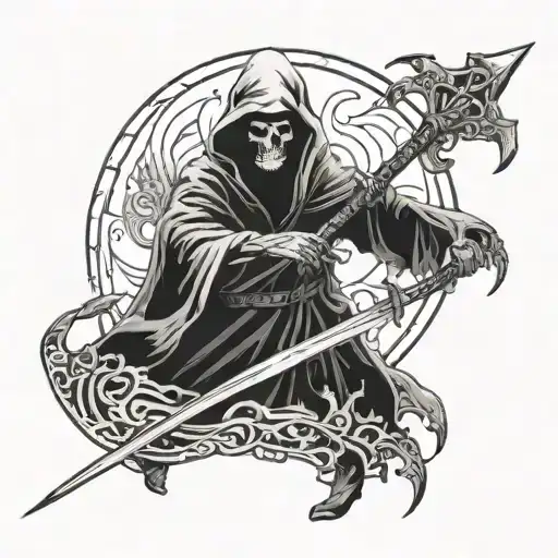 A tattoo of the grim reaper in black and white full body. The scythe says the words devil told me his name on it. Undern tattoo design idea