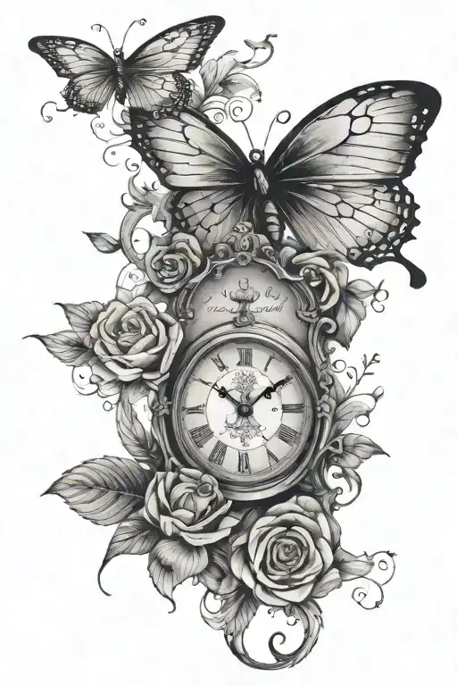 a cross with a butterfly, a clock with the quote pray. wait. trust. tattoo design idea