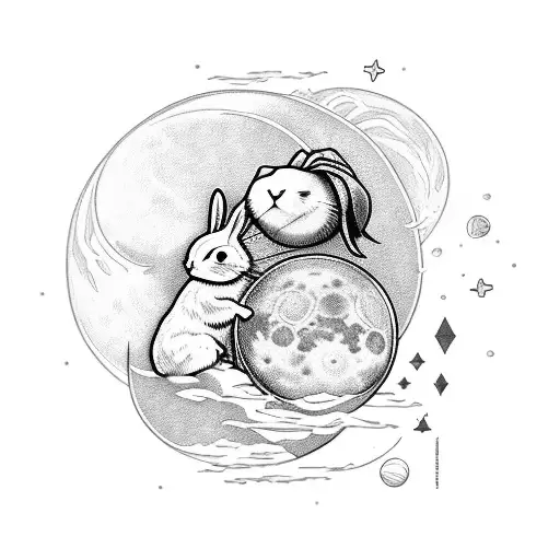 crecent Moon with filigri detailed name "Alexis" with a bunny sitting in the middle tattoo design idea